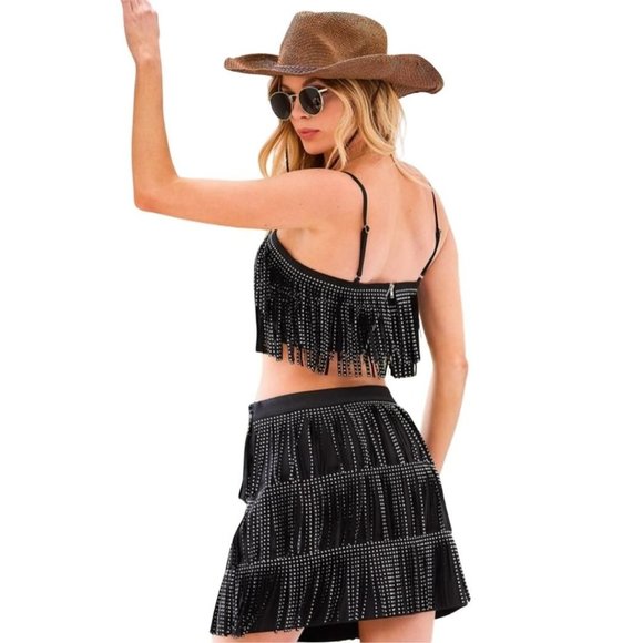 Main Strip Stud Fringe Black Mini Skirt LS40298 - Picture 7 of 11